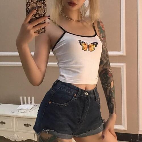Butterfly Printing Cotton Crop Top Women Summer Casual White Camiseta Mujer 2020 Ladies Cute Tank Tops Street Casual Tees