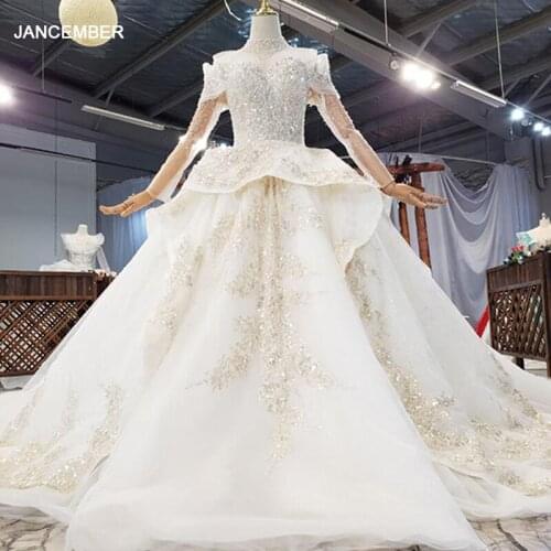 HTL1851 Champagne Ball-Gown Beaded Crystal Luxury Wedding Dress 2020 Long Sleeve Off The Shoulder Lace Up Back