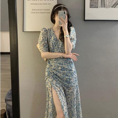 Can Be Sweet and Salty French First Love Fairy Dress Waist Is Thin and Temperament V-neck Small Floral Chiffon Dress Summer