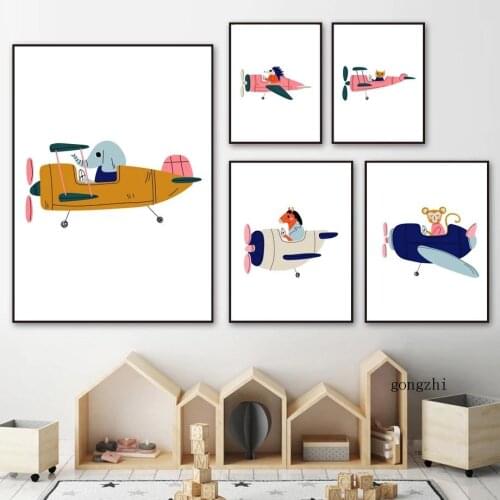 Cartoon Bear Elephant Hedgehog Aircraft Nordic Posters Funny Canvas Painting Prints Nursery Wall Art Pictures Kids Room Decor