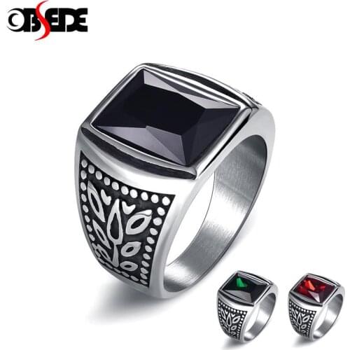 Vintage Men Ring Titanium Stainless Steel Red Black Green Square Zircon Stone Finger Ring Punk Hiphop Male Jewelry Party Gift