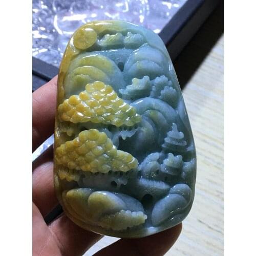Natural Myanmar jade A HandCarved landscape jadeite jade yellow jade pendant jade necklace jewelry necklaces