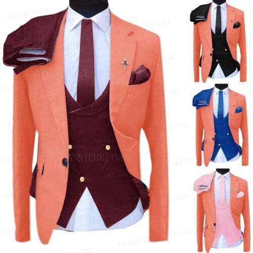 Coral Men Suit Slim Fit Business Blazer Tailored Groom Wedding Suit Tuxedo Singers Stage Jacket Double Breasted Vest Pants 3 Pcs