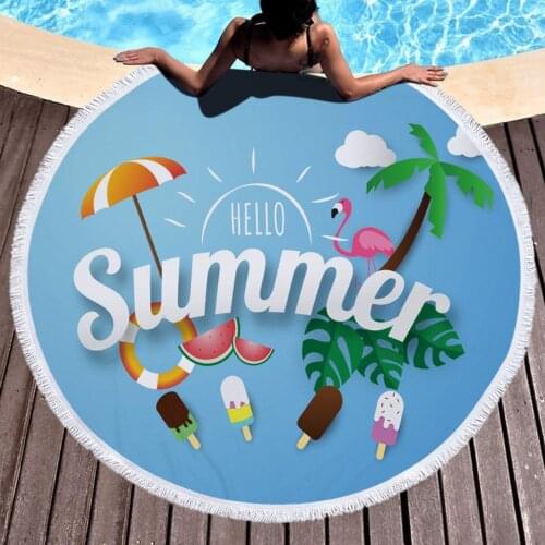 New Hello Summer 3D Printing Microfiber Round Beach Towel with Tassel Large Beach Towels Blanket Picnic Yoga Mat Tablecloth