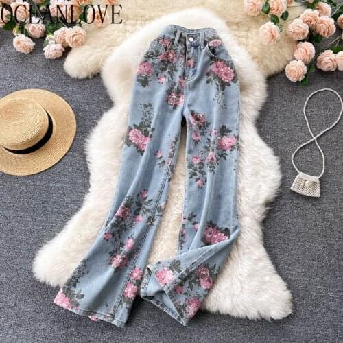 OCEANLOVE Floral Y2k Jeans Femme Vintage High Waist Wide Leg Korean Autumn Women Pants Print Streetwear Pantalones De Mujer
