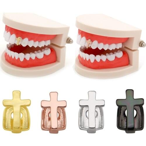 Single Metal Gold Silver Color Cross Teeth Grillz For Women Men Rapper Tooth Cap Dental Grills Hip Hop Jewelry Gift