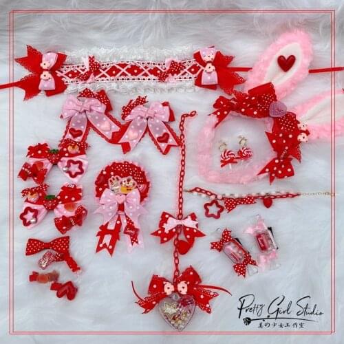 Cosplay Princess Red Pink Sweetheart Doll Machine Lolita Hairpin Hairband Kawaii Rabbit Ear KC Headband Badge Necklace Headwear