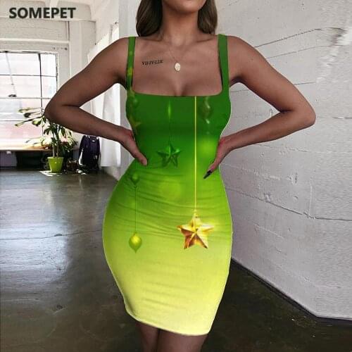 SOMEPET Christmas Dresses Women Star Vestido Sexy Snowflake Bodycon Dress Party Halter Sleeveless Womens Clothing Summer Vintage