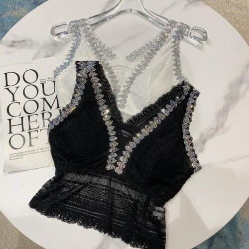 Fashion Sexy Women Lace vest Tank Top Bra Vest Crochet Cropped top Padded V-neck top Beading