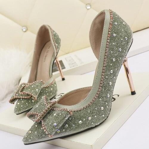 Sexy Pointed Pumps High Heels Shoes Rhinestone Stiletto Heel Side Dress Shoes Banquet Womens Pumps Tacones Mujer Party Shoes