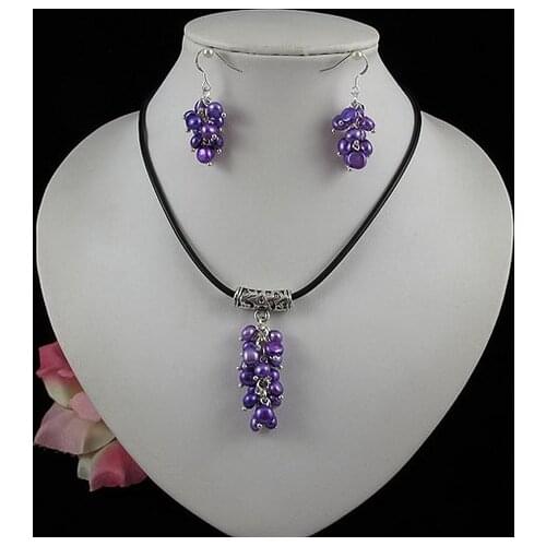 Unique Pearls jewellery Store,Black Leather Baroque Natural Freshwater Pearl Necklace Earrings Handmade Grape Jewellery Set