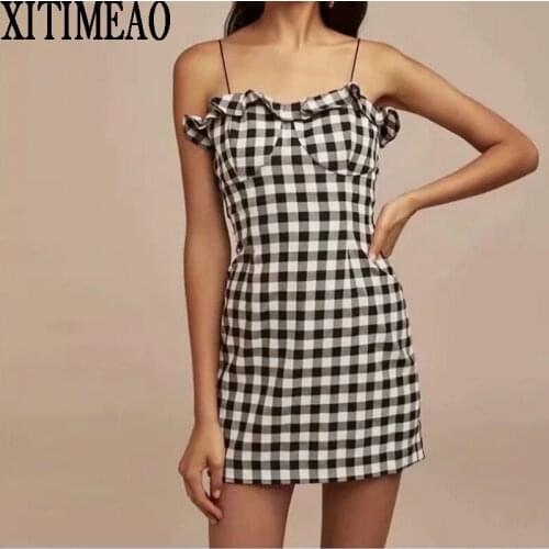 Za New Summer Woman Retro Sweet Plaid Printing Ruffles Dress Fashion Slim Dress Off Shoulder Sling Slin Mini Dresses