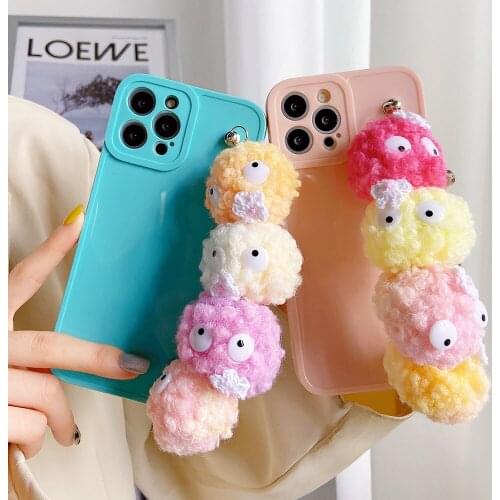 Korea Cute Fur Ball Wrist Chain Case For iphone 12 11 Pro Max XR X XS 7 8 plus SE 20 Soft Camera Protection Cover For iphone 13