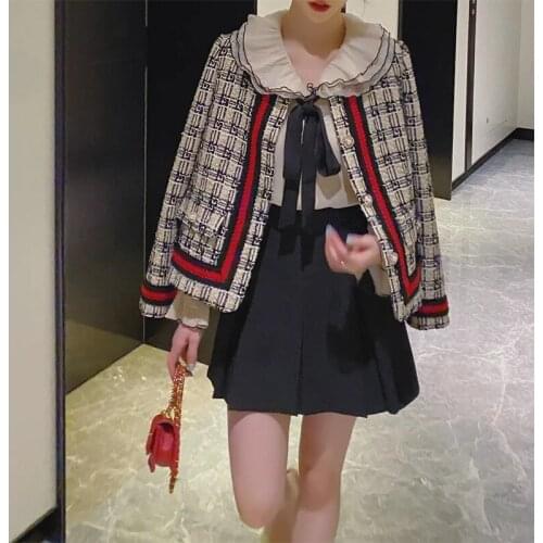 Winter New Womens Jacket Plaid Short Long Sleeve Tweed Modern Fashion Female Coat