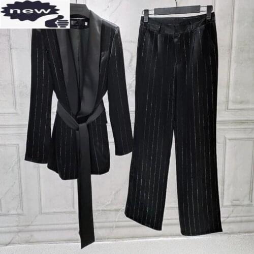 High Quality Fashion Office Ladies 2Pcs Suits Elegant Long Sleeve Shawl Collar Belt Blazer Top Straight Full Length Trousers