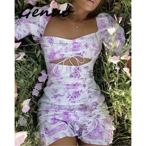 2019 Sexy Lavender Floral Print Summer Dress Ruffle Short Sleeves Mini Short Dress Hollow Out Women Tie Neckline Party Dresses