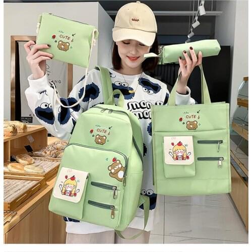 4 Pcs Sets Canvas Schoolbags With Pencil Case For Teenage Girls Women Backpack Kids Primary College Student Cute Shoulder Bags