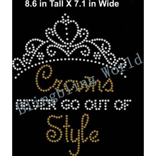 Free shipping crown go out of style golden yellow with white clear crystal rhinesotne transfers hotfix motifs