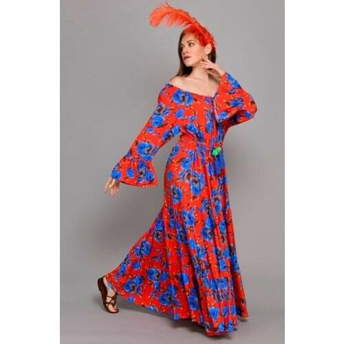 Tasseled Madonna Collar Blue Tulip Pattern Long Boho Dress 2021 New Fashion Bohemian Style Authentic Womens Clothing