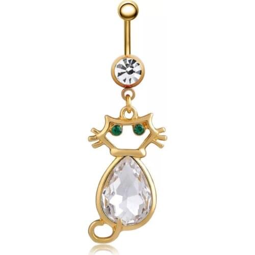 Surgical Steel Cute Animal Cat Water drop Dangle Navel Rings Double Crystal Navel Bars Belly Button Ring Navel Piercing Jewelry
