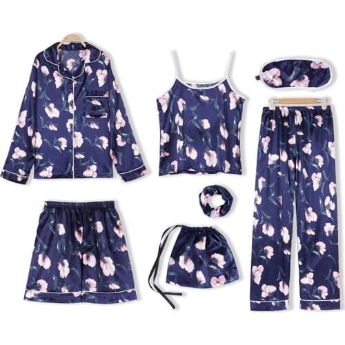 IZICFLY Summer Autumn New Style Blue floral Faux Silk pijamas women robe sets Sexy Sling sleep tops home Nightwear -7 Pieces