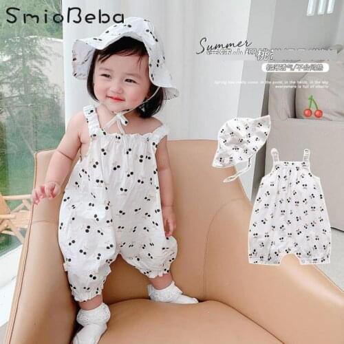 Baby Girls Sleeveless Suspender Long Bodysuits Haircoat Cherry Blossom Comfortable One-piece Creeping Newborn Jumpsuits With Hat
