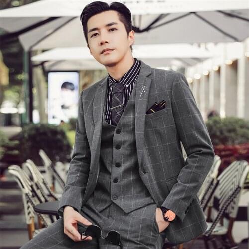 Wedding Dress Suits for Man 3 Pieces Slim Fit Suits Blazers Jackets+Pants+Vest High Quality Plaid Suits Male Formal Wear Suits