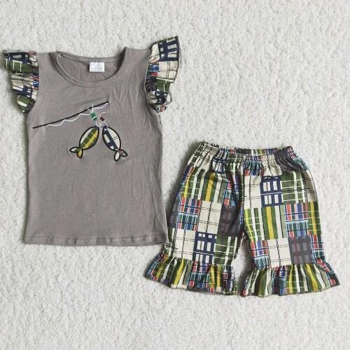 Embroidery Kids Fashion Summer Clothes Girl Ruffle Top And Plaid Shorts Set Cute Fish Pattern Toddlers Outfit For Summer