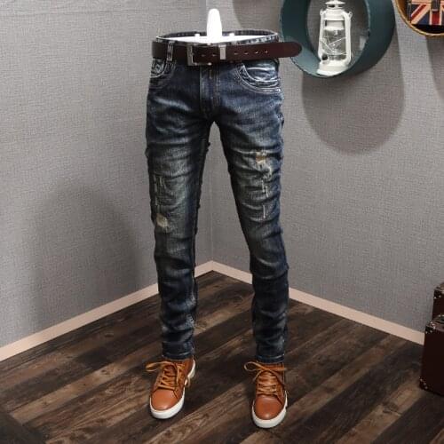 Italian Style Fashion Men Jeans High Quality Retro Black Blue Elastic Slim Fit Ripped Jeans Men Vintage Designer Denim Pants