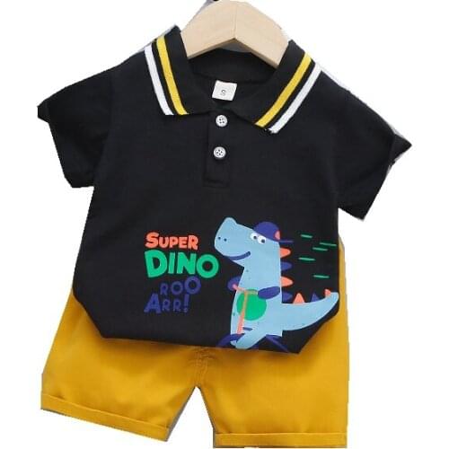 New Childrens Korean Summer Lapel Cartoon Short Sleeve Tops+Yellow Shorts Baby Boys Clothes For 1 2 3 4Y Kids Bebes Girls Sets
