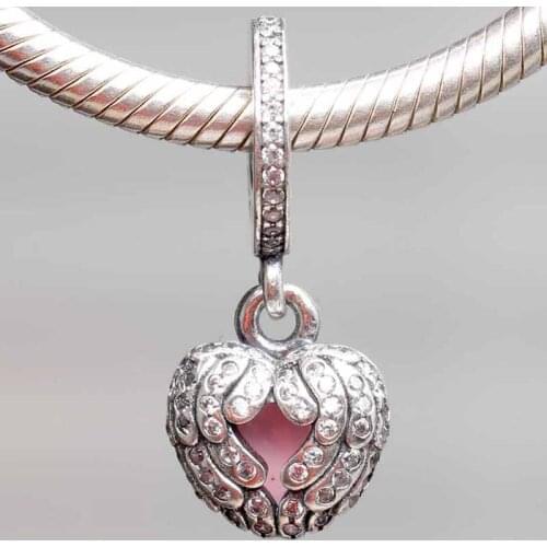 Original Pink Enamel Angel Wings Locket With Crystal Beads Fit 925 Sterling Silver Charm Bracelet Bangle DIY Jewelry