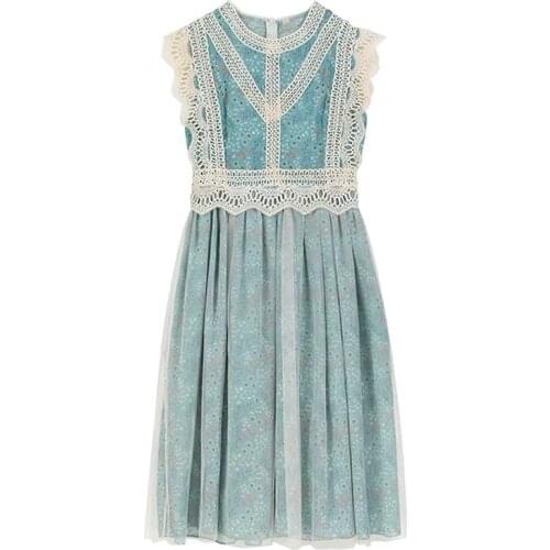 PERHAPS U Hollow Lace Mesh Floral Print Knee Length Dress Women Summer O Neck Zipper Blue Fairy Dress D1371