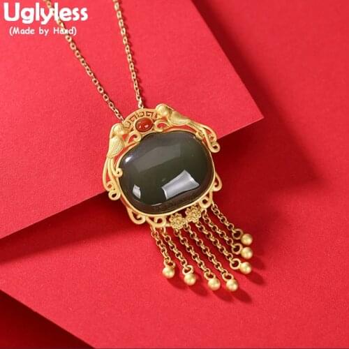 Uglyless China Chic LOVE Birds Ethnic Vintage Pendants for Women Natural Jade Necklaces NO Chains 925 Silver Chains Tassel Jewel