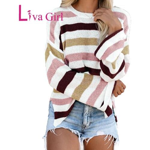 LIVA GIRL Casual Loose Bell Sleeve Striped Knit Sweater Woman O-Neck Autumn Winter Warm Pullovers Clothing Ladies Striped Tops