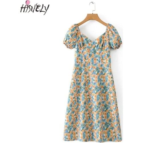 RYFIX 2021 New Fashion Women Floral Print French Style Summer Dress Puff Short Sleeve Ladies Midi Dresses holiday party Vestidos