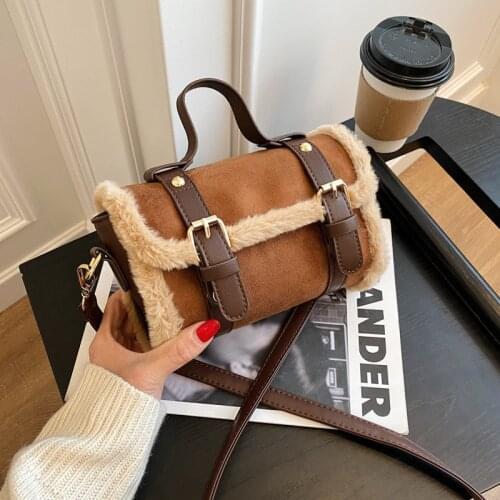 Vintage Matte Leather Lambswool Small Handbags for Women Designer Shoulder Bags Luxury Crossbody Messenger Bag Fur Purses 2021