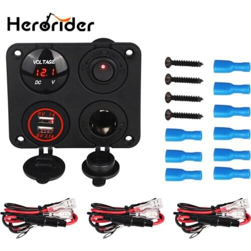 Waterproof Led Rocker Switch Panel 2.1A 1A Dual USB Charger Socket 12V LED Voltmeter Adapter Cigarette Socket for Car Boat RV