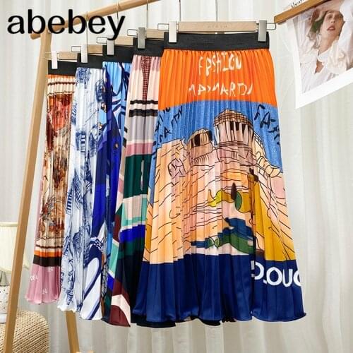 2021 New Spring Summer Vintage Printed Pleated Womens Mid-Long Skirts High Waist Female Umbrella Skirts