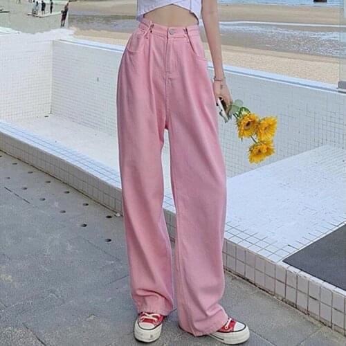Spring Autumn 2021 New Street High Waist Pink Womens Jean Pants Buttons Full Length Denim Wide Leg Pant Chic Trouses Ladies