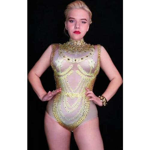 Women Fashion Sexy Golden Rhinestone Slim Sleeveless Bodysuits Shining Women Nightclub Performance Costumes Women Dance Clothing