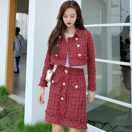 2021 Autumn Winter Small Fragrant Wind 2 Pece Set New Pattern Women Fashion Tweed Long Sleeves Short Coat+Short Skirt Set