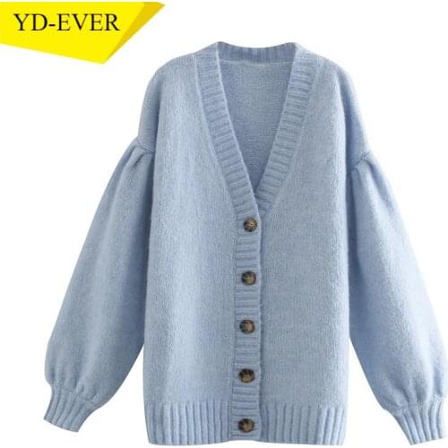 Autumn Winter Women Blue Knitted Cardigan Sweater Jumper Puff Long Sleeve Button-up Female Outerwear 3H32