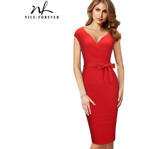 Nice-Forever Summer Women Solid Color Sexy V-neck Dresses Cocktail Party Elegant Vintage Bodycon Dress B644