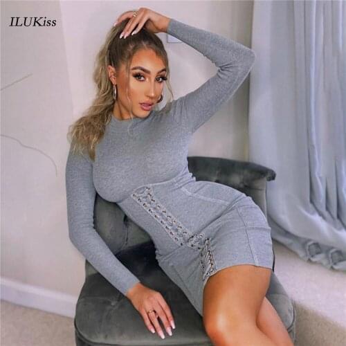 Spring Long Sleeve Bodycon Mini Dress Women Club O neck Pure Color Lace Up Gray Sexy Slim womens dresses new arrival 2021 Fall