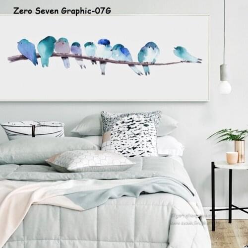 07G A Group Of Blue Watercolor Birds On A Tree Banner Canvas Art Painting Print Poster picture Bedroom Home Wall Decoration
