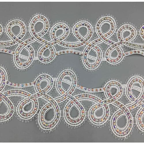1 yard White Pearl Rhinestones Flower Lace Trim Embroidered Lace Ribbon Fabric Sewing Craft For Costume Wedding Dress Clothes