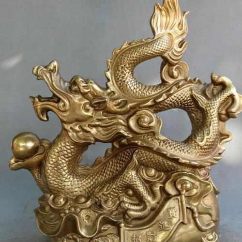11" Chinese Bronze Wealth Yuanbao Money Bag Dragon Loong Dragons Animal Statue