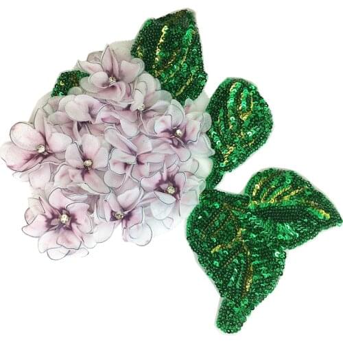 4pc 3D Hydrangea Flower Patch Flowers Applique Crystal Beaded Patches For Clothing Appliques Parches Sew On 19x17cm AC1531