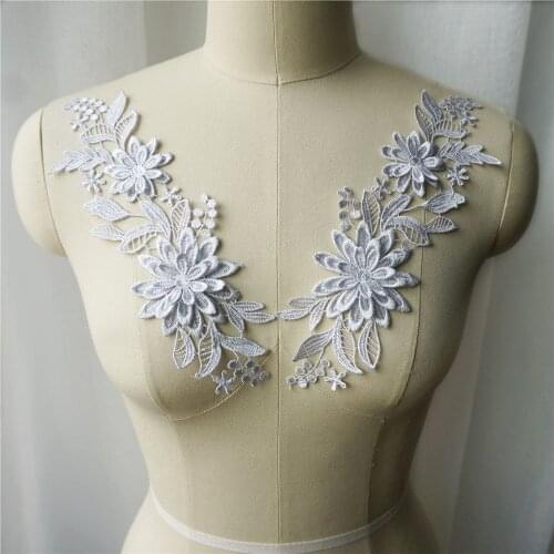 2PCS Light Grey 3D Flower Fabric Appliques Embroidered Gown Collar Sew On Patches For Wedding Decoration Dress DIY