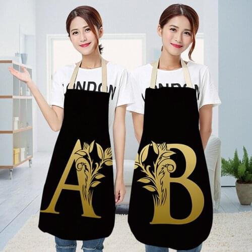 Gold Letter Alphabet Pattern Kitchen Apron For Woman Sleeveless Cotton Linen Aprons Cooking Home Cleaning Tools For Men